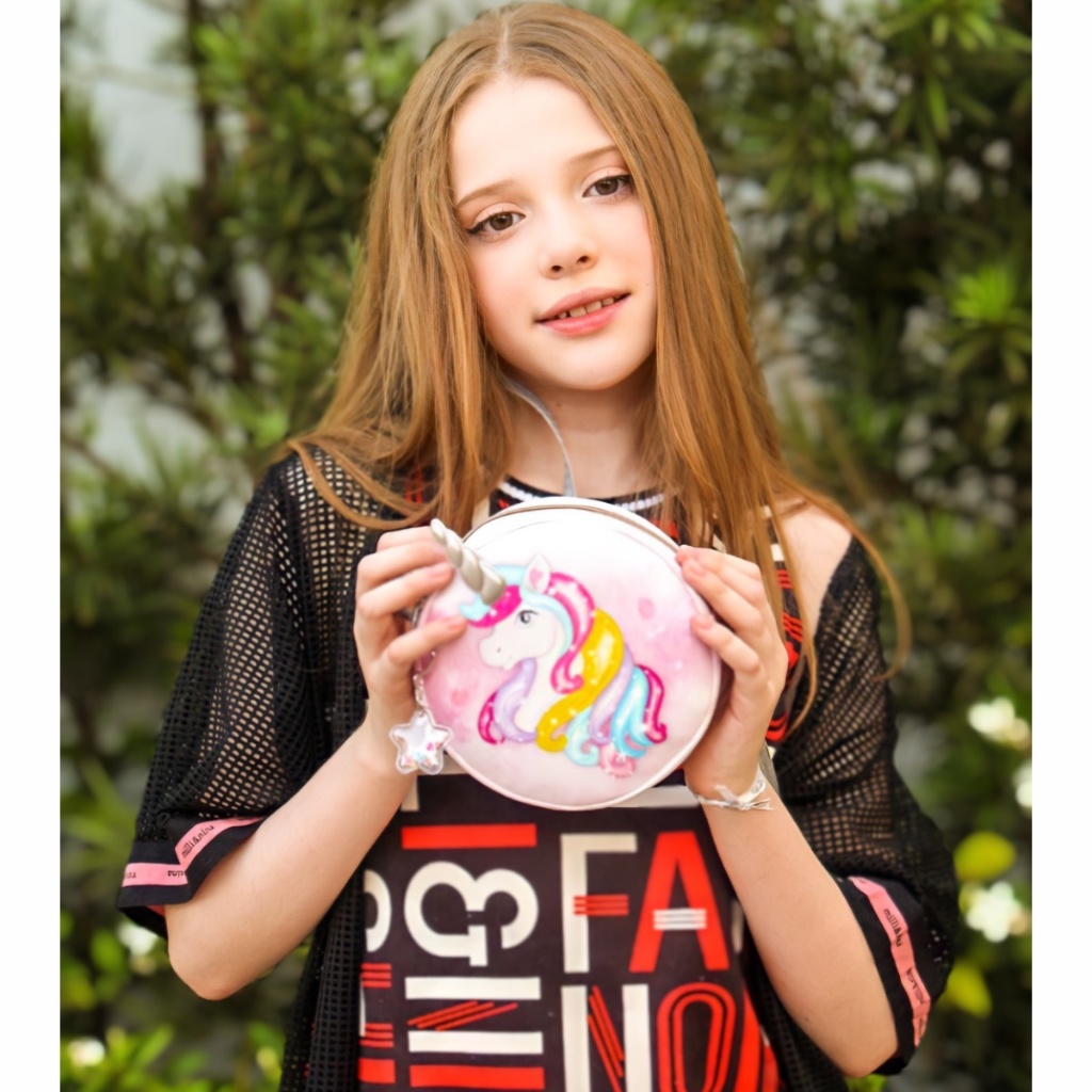 Kit Bolsa Bolsinha Estojo Infantil Escolar Menina Ajustável Unicórnio Chifre 3D Magicc KI-216