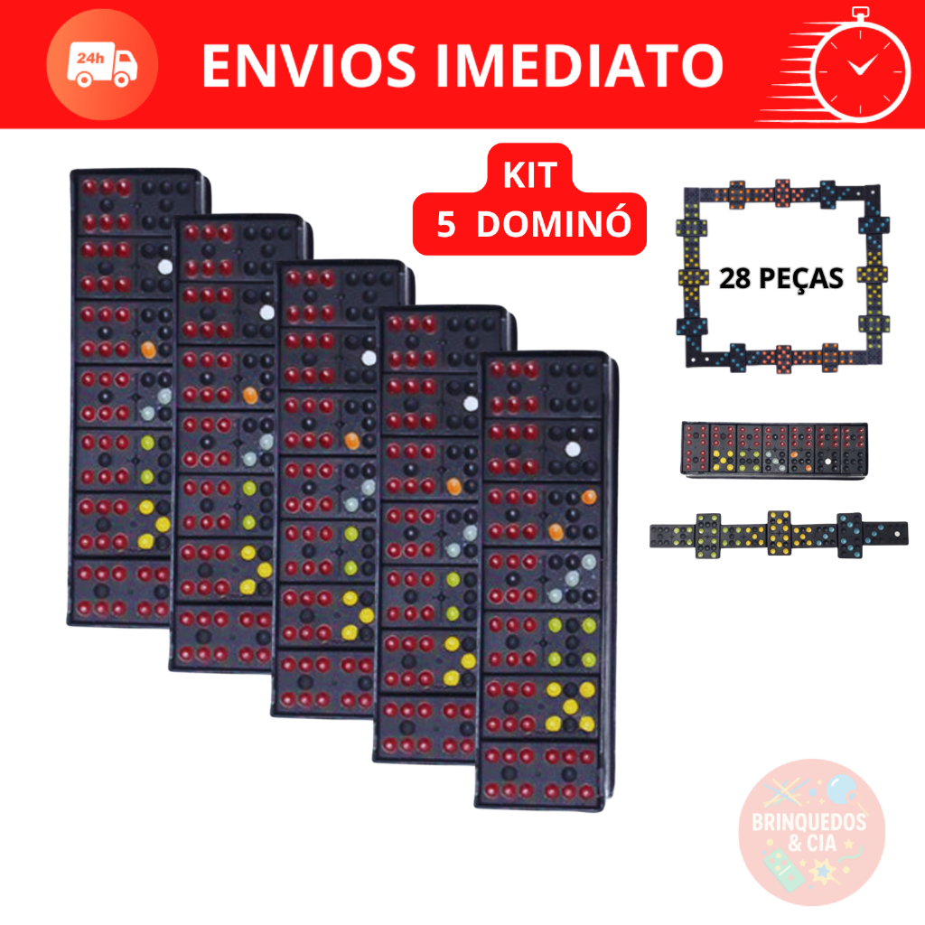 Dominó Kit com 5 Unidades – 28 Peças Coloridas – Ótimo Custo-Benefício