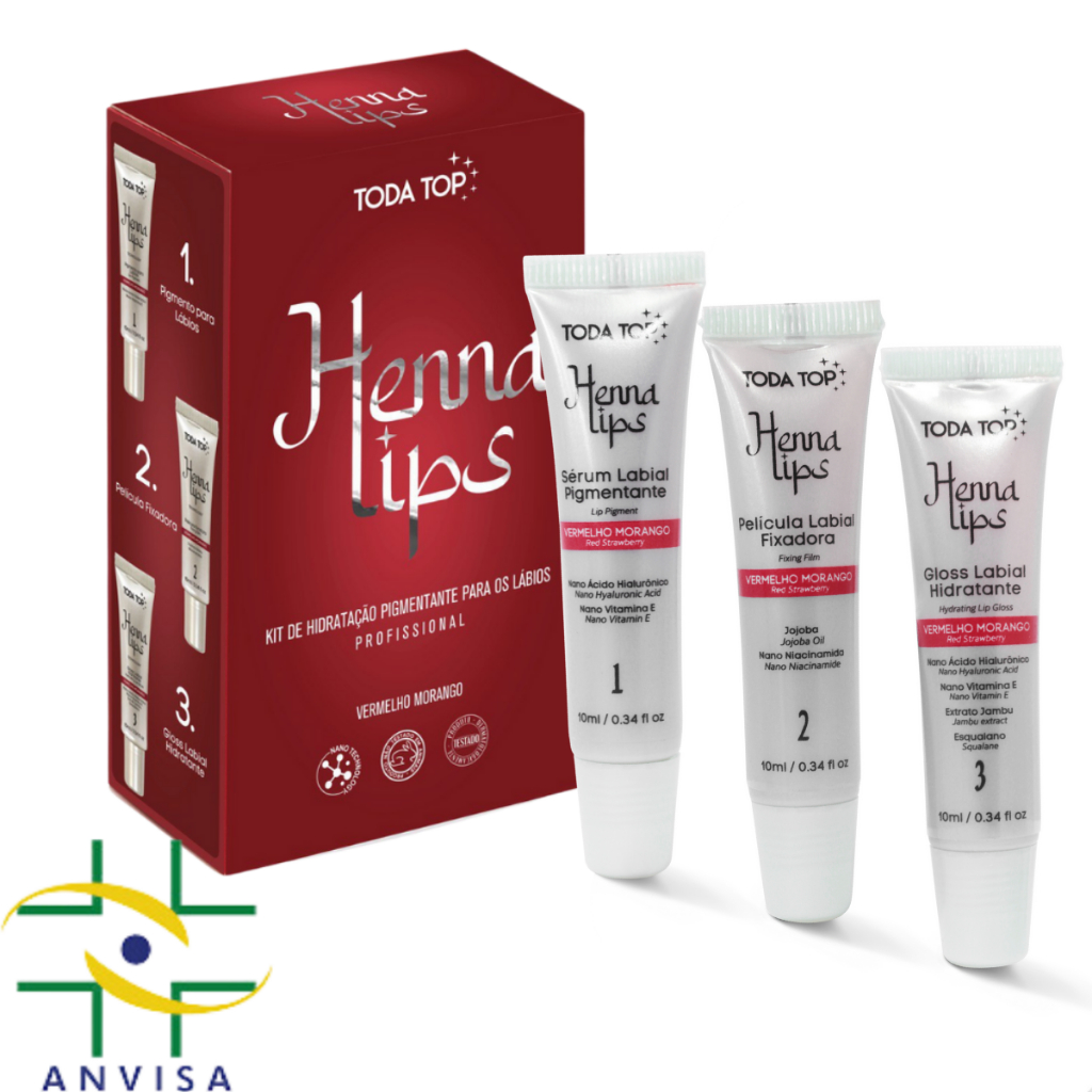 Kit Henna Labial Vermelho- Película Fixadora,Sérum Pigmentante,Gloss Finalizador-Rende 40 Aplicações em Oferta na Shopee