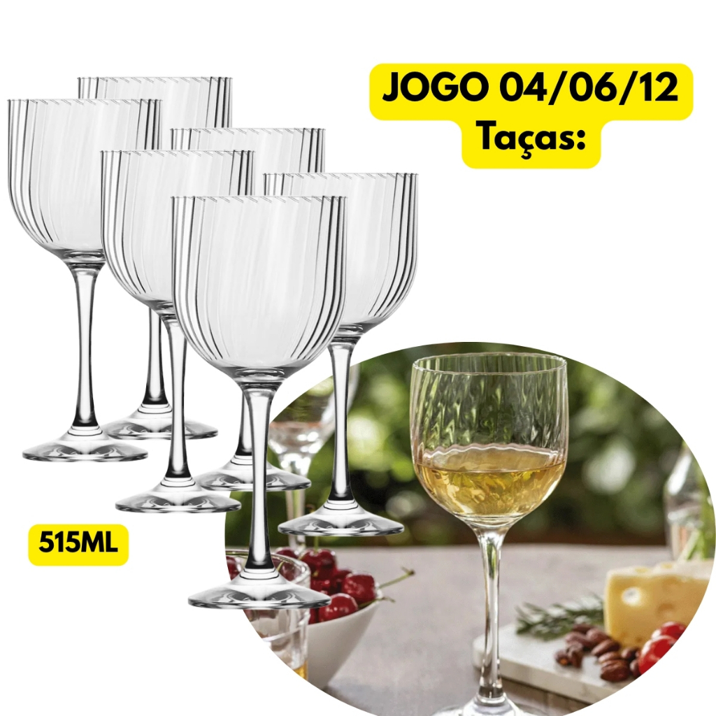 Jogo Kit 04/06/12 Taças Vidro Fiore 515ML Canelado Luxo Elegante Vinho Coquetel Espumante Destilados Drink