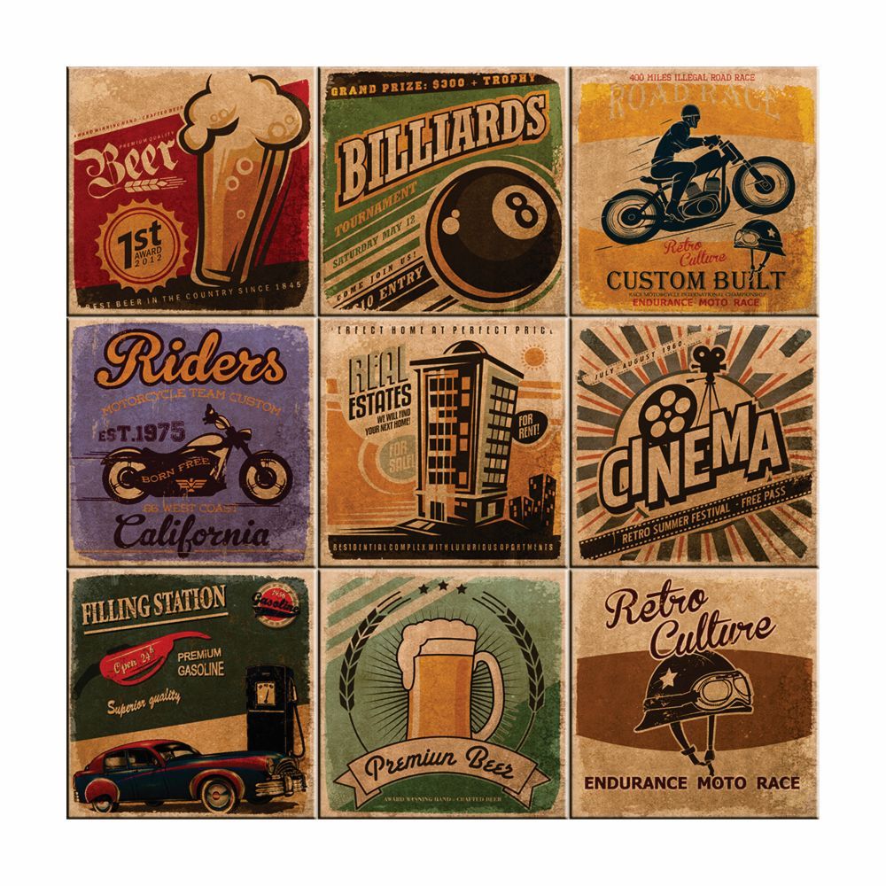 Azulejos Decorativos Modelo Vintage Bilhar Linha Retrô Kit com 9 Peças de 15x15cm.
