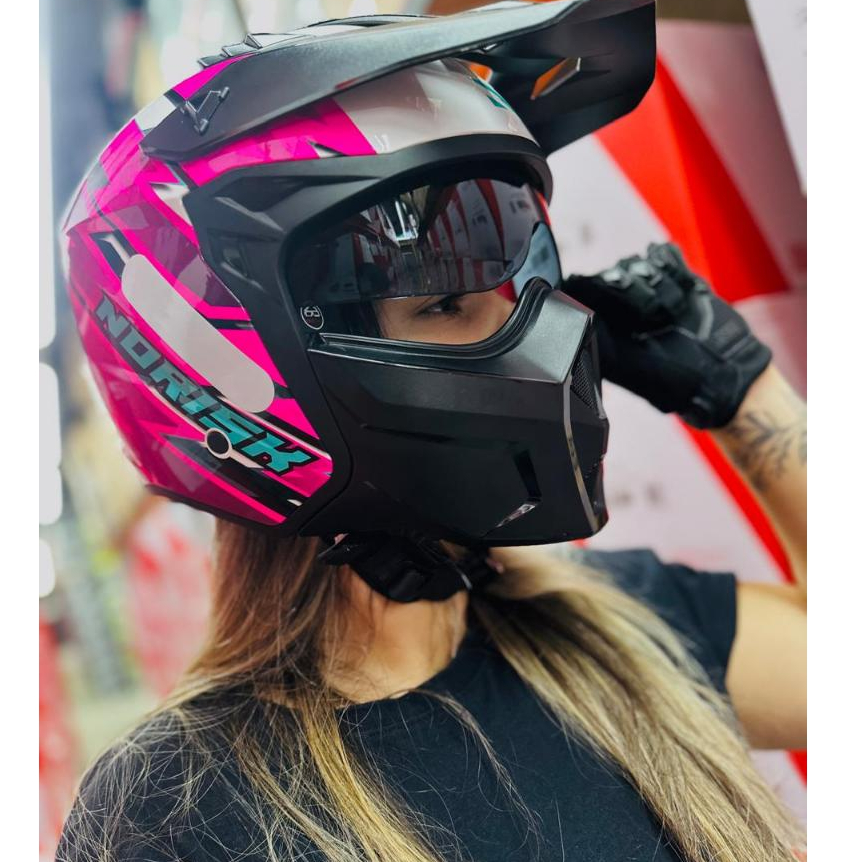 CAPACETE NORISK DARTH 2 FEMININO BRANCO ROSA C/ VISEIRA SOLAR TRILHA BARATO LANÇAMENTO STORM ABERTO