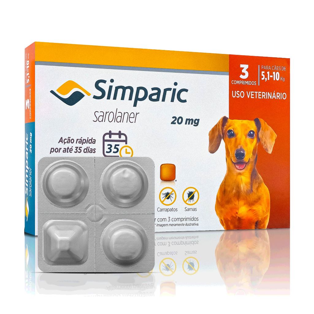 Simparic Antipulgas e Carrapatos para Cães de 5,1 a 10kg 3 Comprimidos 20mg Zoetis - Pets