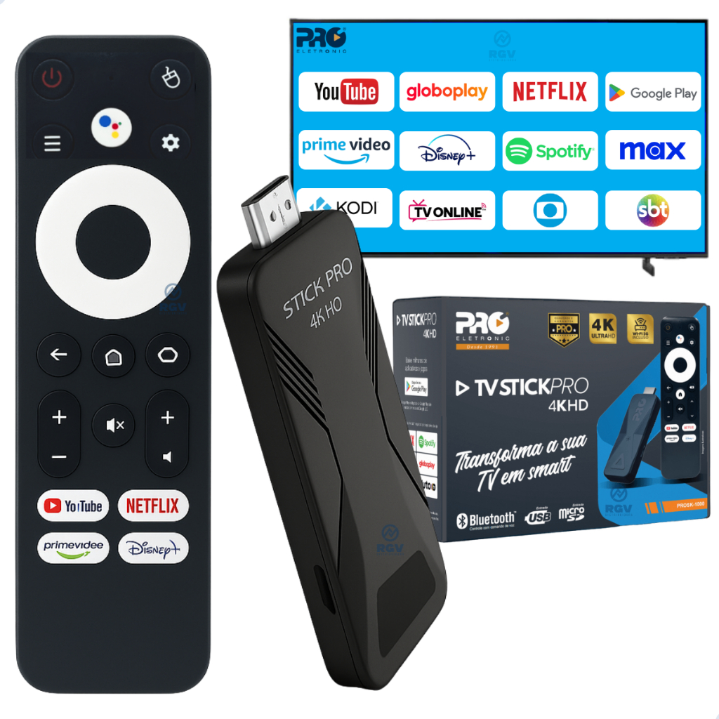 Tv Stick Pro 4k Hd Android Tv, Controle Por Voz, 2GB RAM, 16GB Armazenamento, Proeletronic, Anatel em Oferta na Shopee