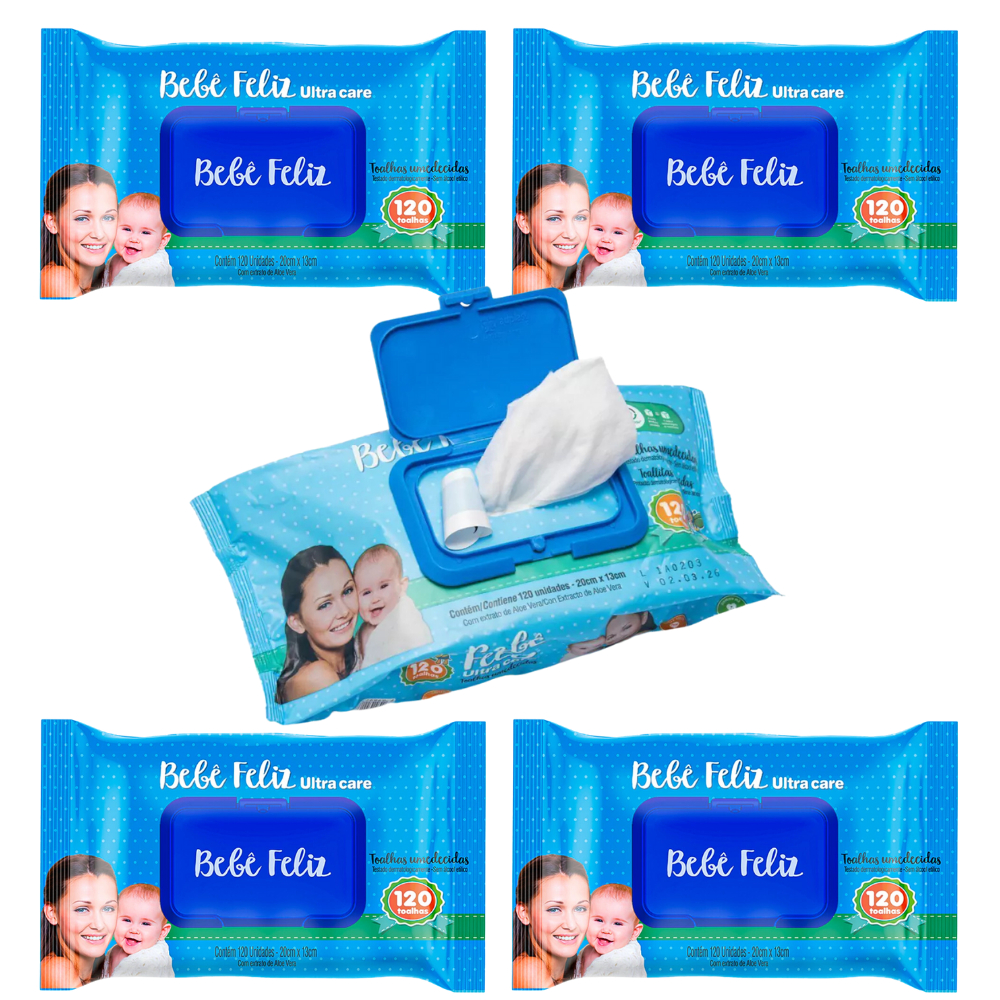 KIT 5 Toalhas Umedecidas Bebê Feliz 120 folhas Lenço Umedecido Lencinho