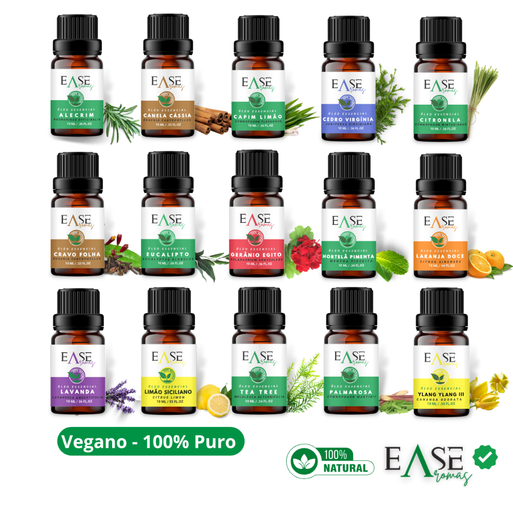 Óleos essenciais Ease Aromas 100% puros e naturais para Aromaterapia