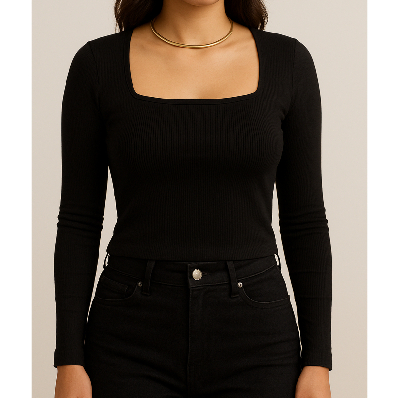 Blusa Feminina Decote Quadrado Manga Longa Ribana Canelada em Oferta na Shopee