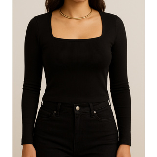 Blusa Feminina Decote Quadrado Manga Longa Ribana Canelada em Oferta na Shopee