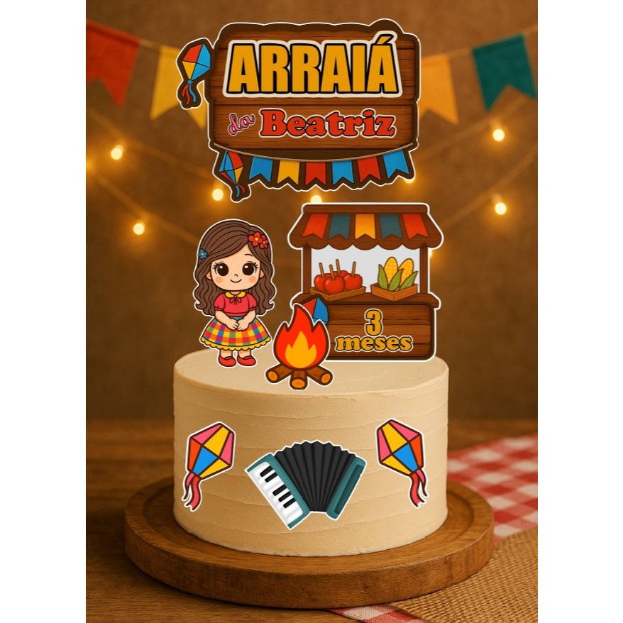 Topo de Bolo Mesversário Junino Menina Personalizado - Topper Junino - Decoração de bolo Junino