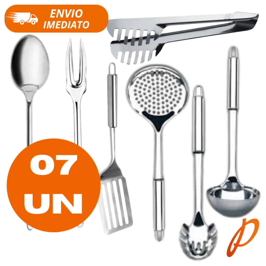 Kit Cozinha Utensílios  7 Peças Inox Concha Pegador de Massas Colher Garfo e Escumadeira Espátula