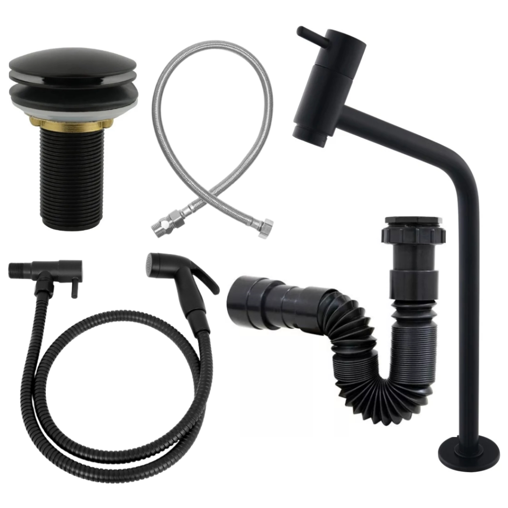 Kit Torneira Cuba Banheiro Preta Metal +Ducha Higiênica + Válvula Click + Sifão Preto + Engate 60cm