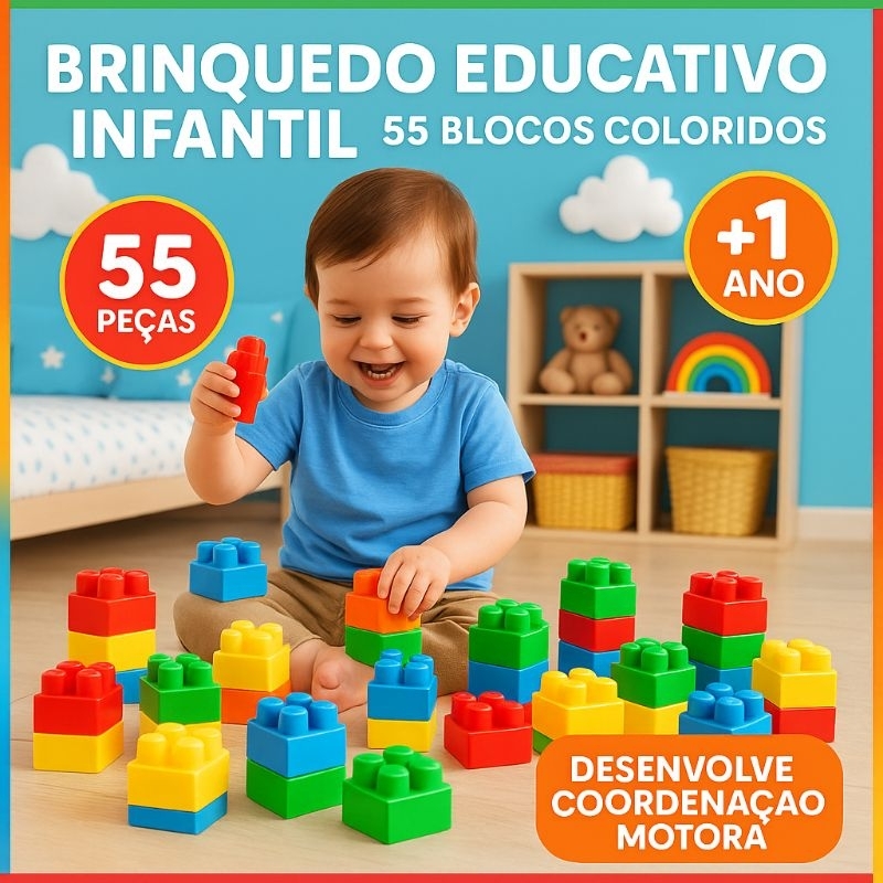 Kit Bloco de Montar Educativos – 55 Peças Coloridas – Criatividade e Coordenação - Samba Toys
