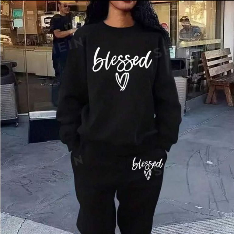 kit conjunto Moletom Careca Gola Redonda Blessed Coração + Calça Moletom Blessed Coração Esporte Casual Algodão