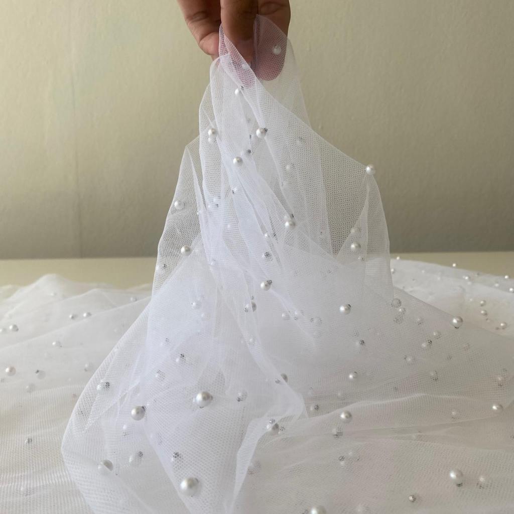 Tecido Tule Pérola Branco (1m x 1.50m) Bordado com pérolas tecido delicado e sofisticado, muito utilizado em confecção em Oferta na Shopee