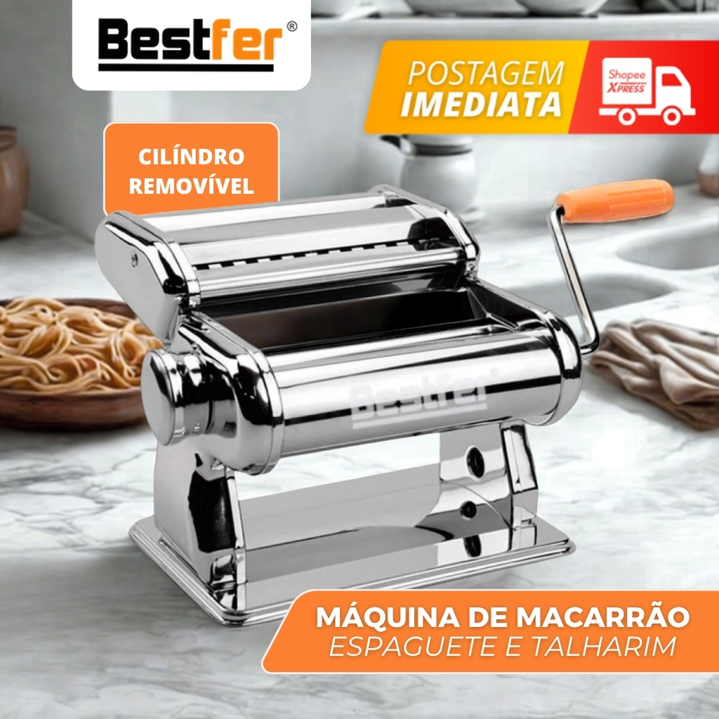 Máquina de Macarrão Massa Profissional Cilindro Removível Inox com Manivela 3 Tipos Bestfer BFH1570