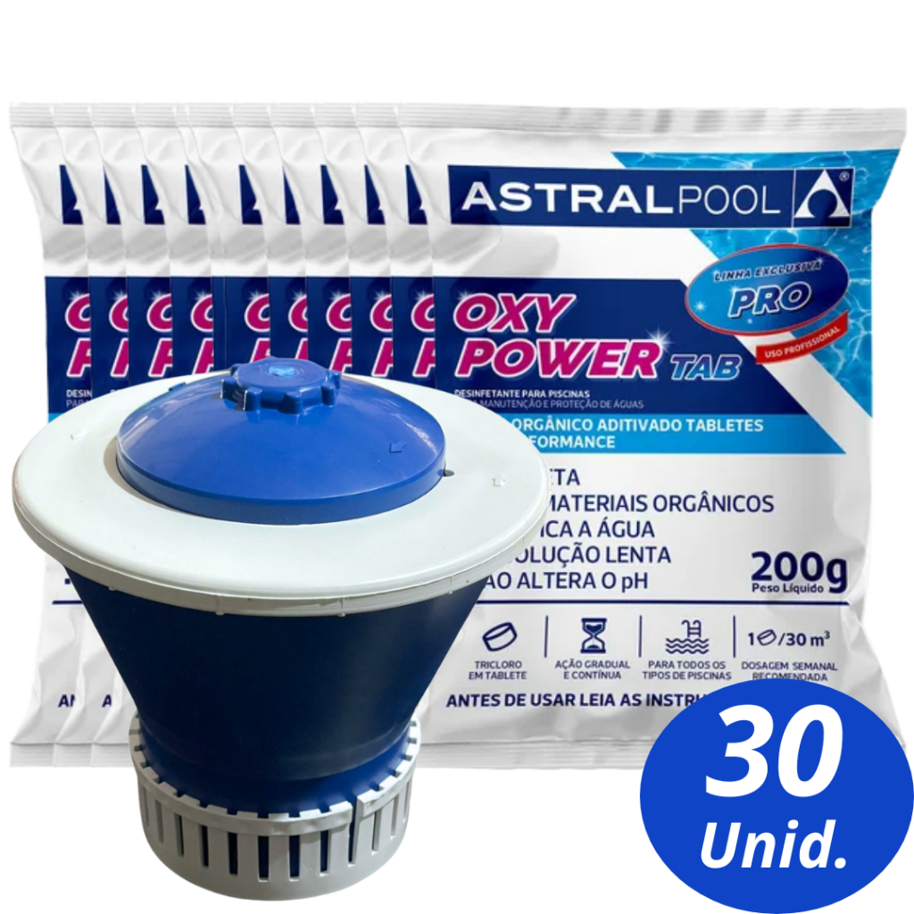 Kit 30 Pastilha Oxy Tablete Para Limpeza Piscina + 01 Margarida Clorador Flutuante Grande Para Tabletes de Cloro Piscina