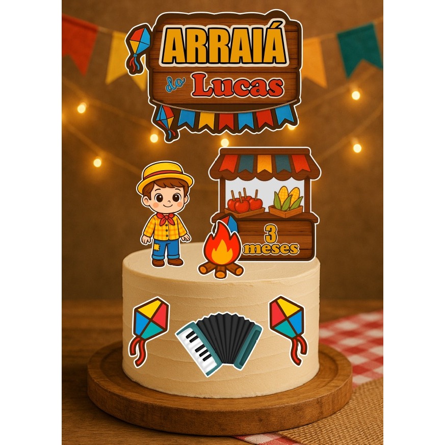 Topo de Bolo Mesversário Junino Menino Personalizado - Topper Junino - Decoração de Bolo Junino