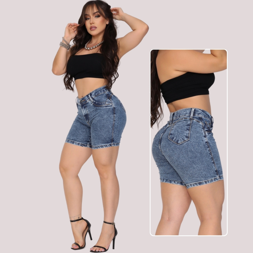 Bermuda Meixa Coxa Jeans Com Lycra Cintura Alta Bermuda Cós Alto Empina-Bumbum em Oferta na Shopee