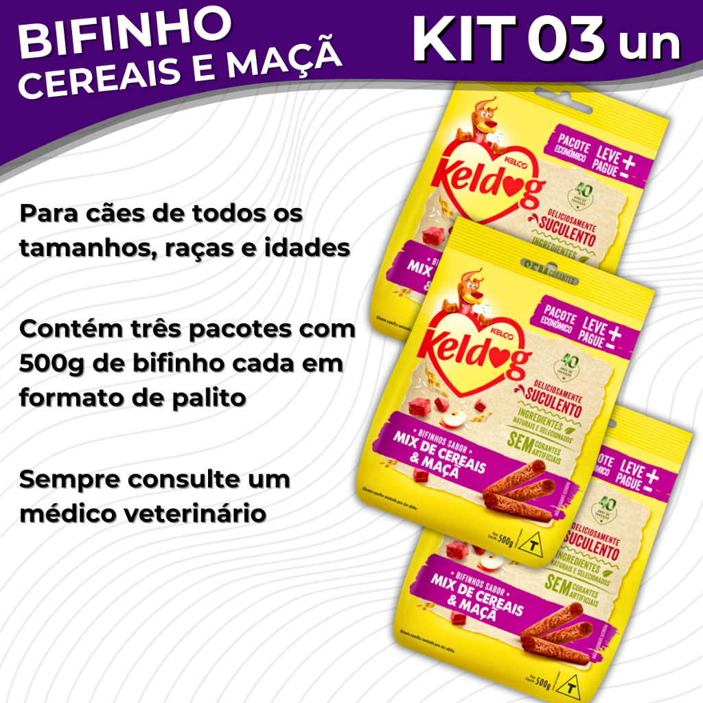 Bifinho Petisco  Keldog Criadores Sabor Mix Cereais Vegetais  Kit 3 Unidades Cachorro 500g