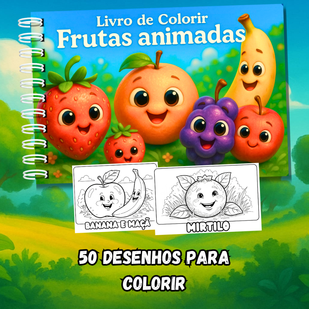 Livro De Colorir Frutas Animadas Aprendizado Capa Dura 50 Páginas 180g A5 + Acetato em Oferta na Shopee