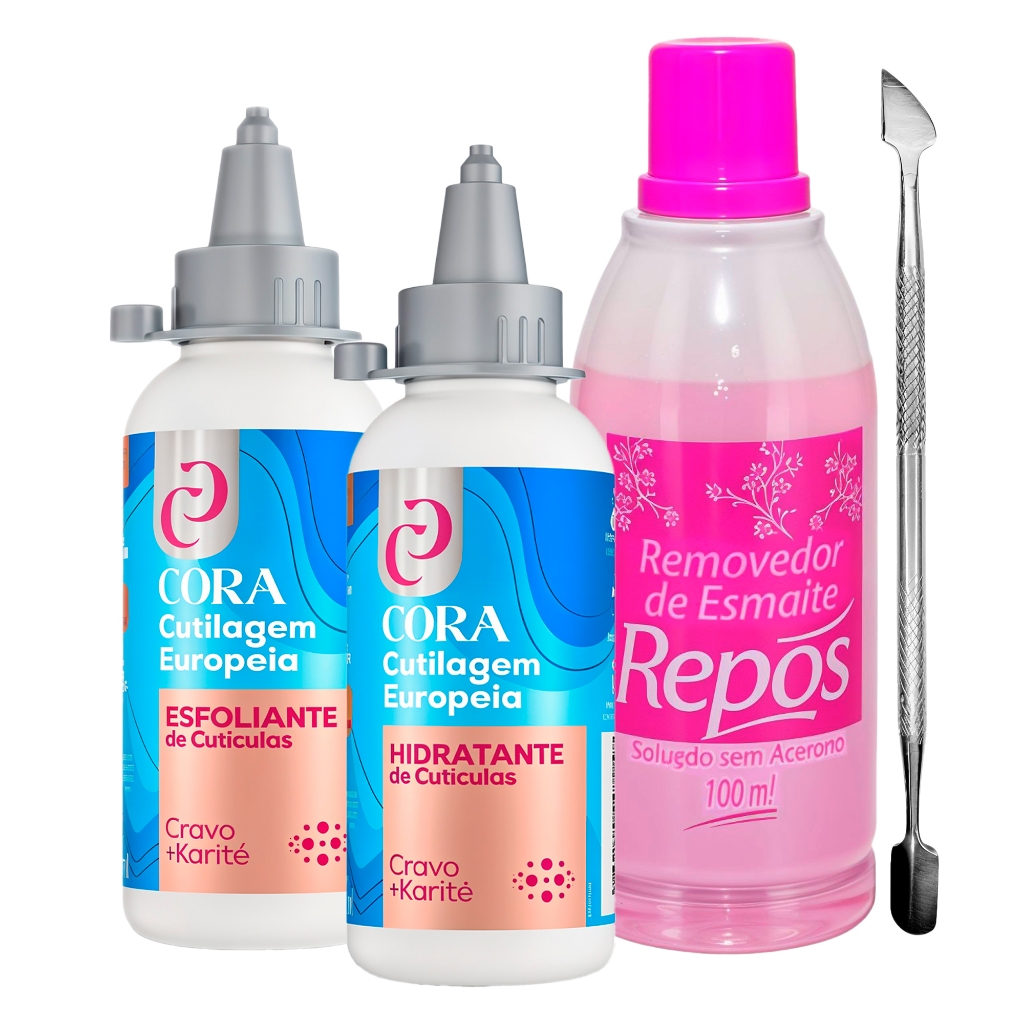 Kit Manicure Cuticulagem Europeia Hidratante + Esfoliante + Removedor Sem Acetona + Espátula Inox