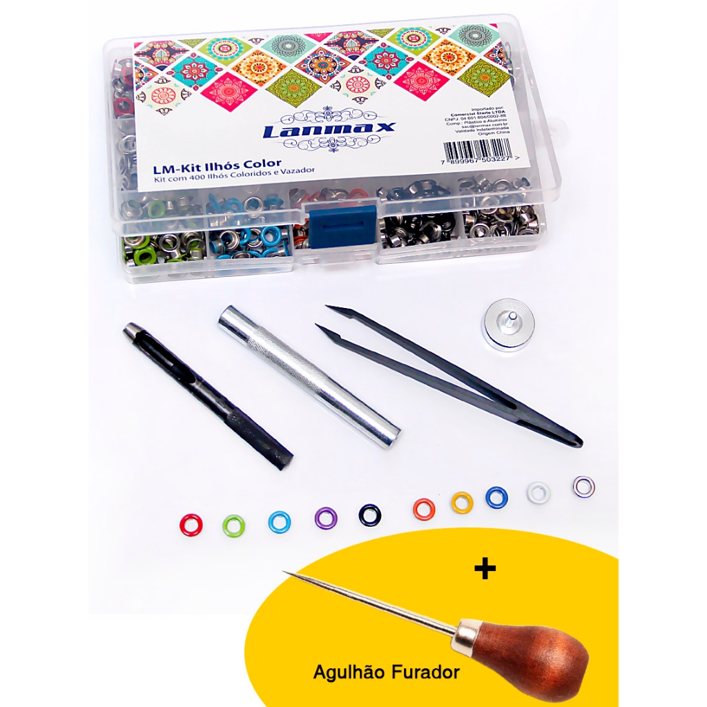 Kit Aplicador Manual Ilhós E Vazador + 400 Ilhós + Agulhão