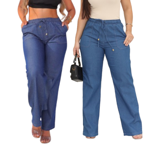 Calça Wide Leg Feminina Larga Pantalona com elástico na cintura Jeans escura Moda Blogueira