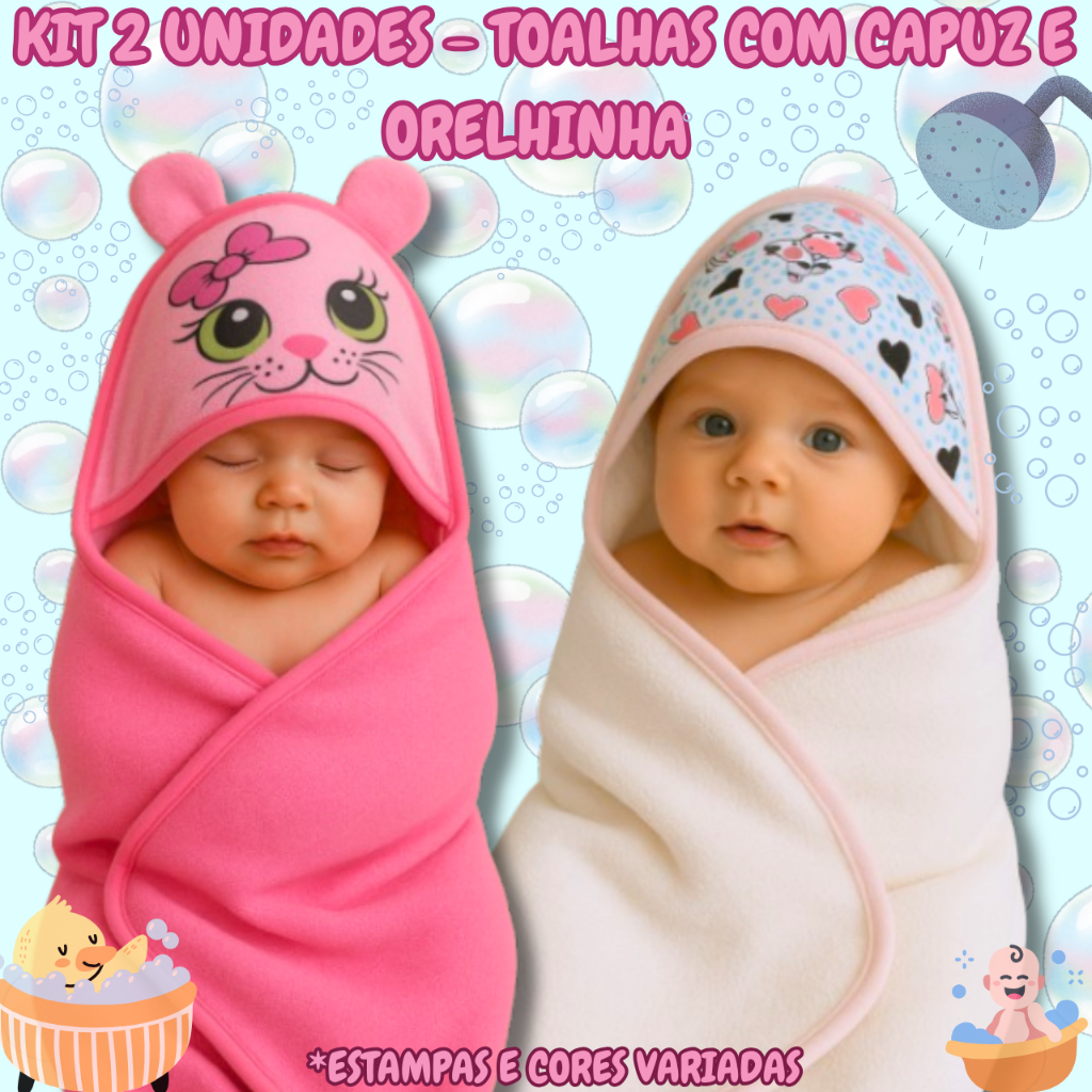 Kit 2 unidades - Toalhas Capuz  e Orelhinha infantil bebê recém nascido estampado tecido felpudo em Oferta na Shopee