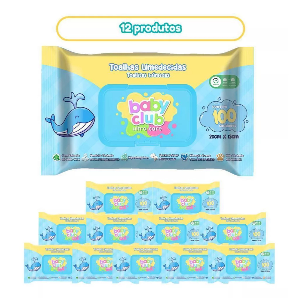 KIT 12 Toalha Umedecida Baby Club c/100 folhas Lenço Umedecido Lencinho