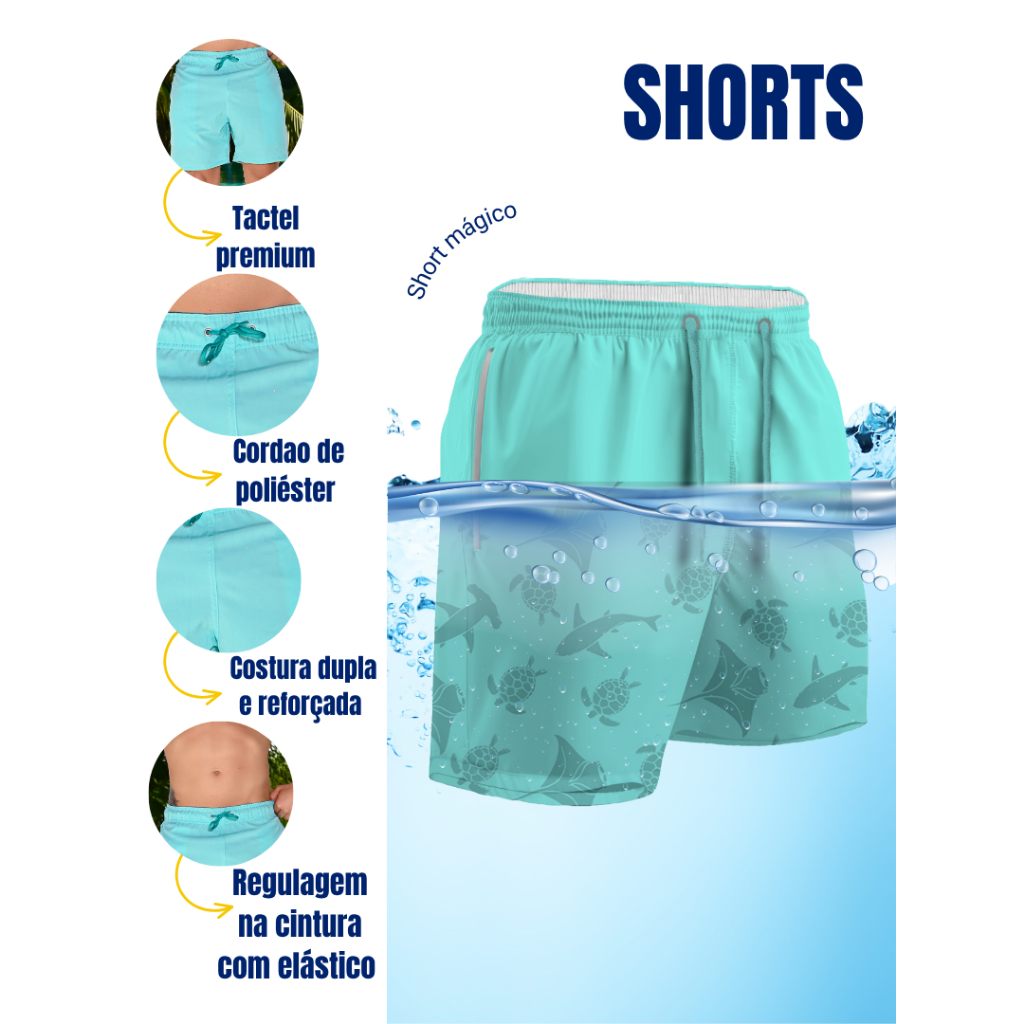 Short Masculino Mauricinho Tactel Mágico Estampa Aparece Molhado Praia Verão Secagem Rápida