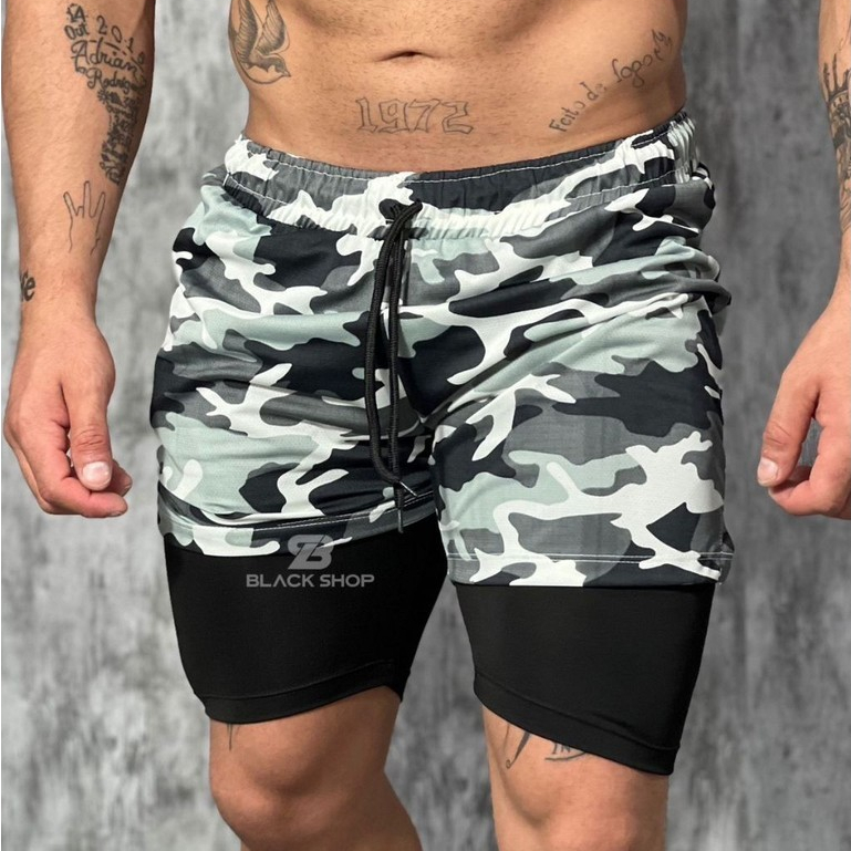 Shorts 2 em 1 Dry Duplo CAMUFLADO Bermuda Compressão Academia Treino Corrida Com  Elastano
