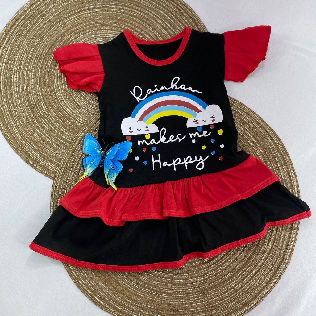 Vestido Infantil Feminino Arco-íris com Babados e Mangas Princesa - "Rainhan Makes Me Happy"