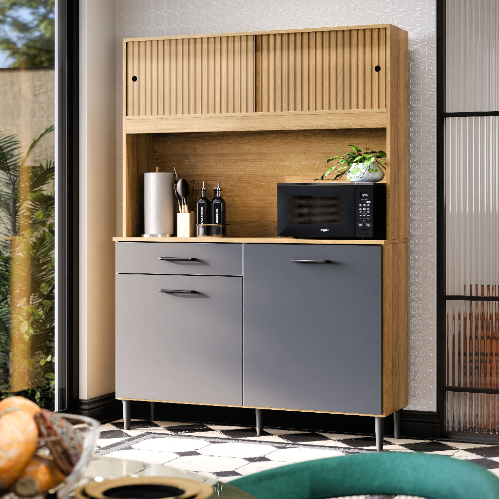 Armário de Cozinha Grazi 90cm Ripado MDF/MDP c/ Nicho Micro-ondas + Gavetas em Oferta na Shopee
