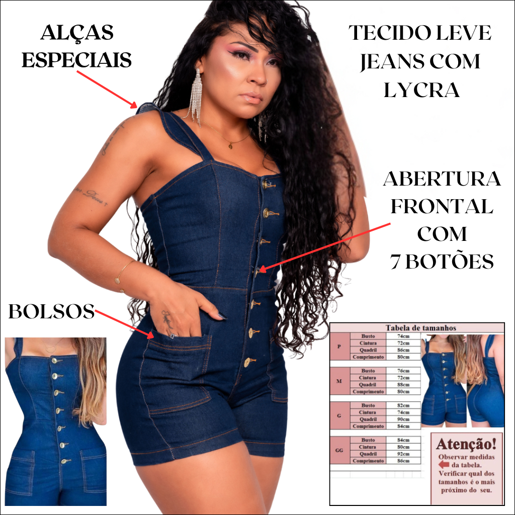 Macaquinho Jeans Claro/Escuro com Lycra Bolsos Abertura Frontal Botões Aparentes Alças Especiais, Elegante Jeans