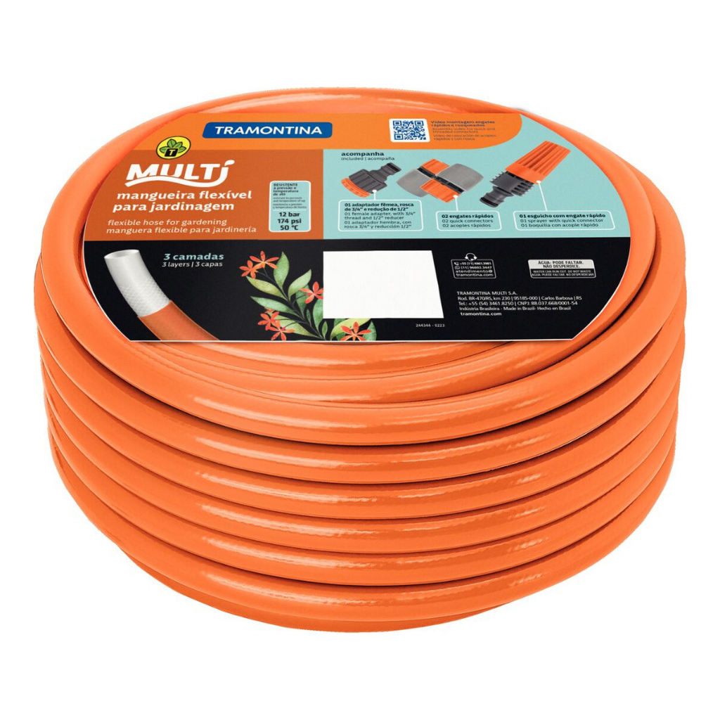 Tramontina Mangueira Multi 1/2" Laranja em PVC 3 Camadas com Engates Rápidos e Esguicho