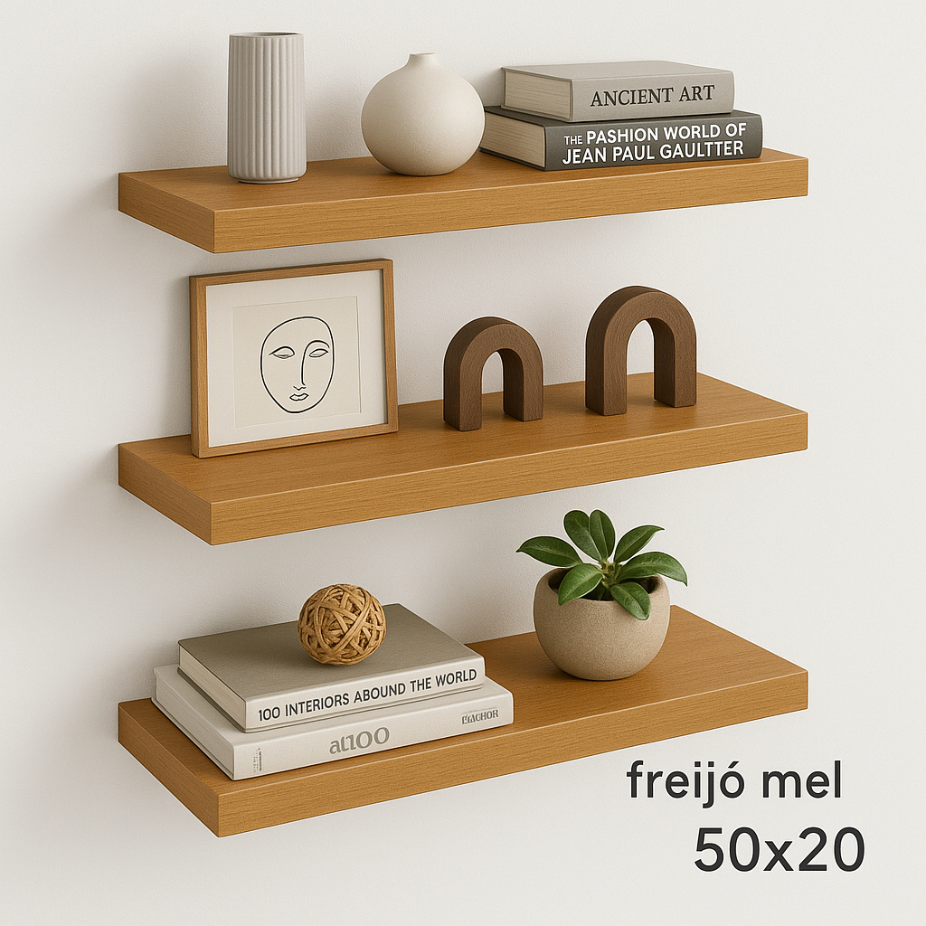 Prateleira 50x20 amadeirada freijó MDF 25mm decorações quarto sala escritório com suporte ...