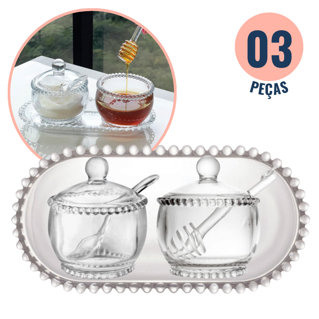Kit 3 Peças Açucareiro Meleira E Travessa Cristal Pearl Bolinha Wolff