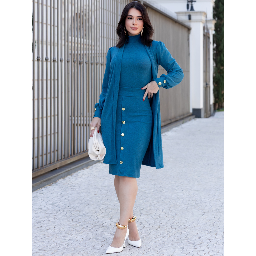 Detalhes do Conjunto feminino 3 peças Saia ,blusa e Cardigan Veronica