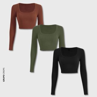 Kit 3 Croppeds Manga Longa Gola U Canelado Elegante