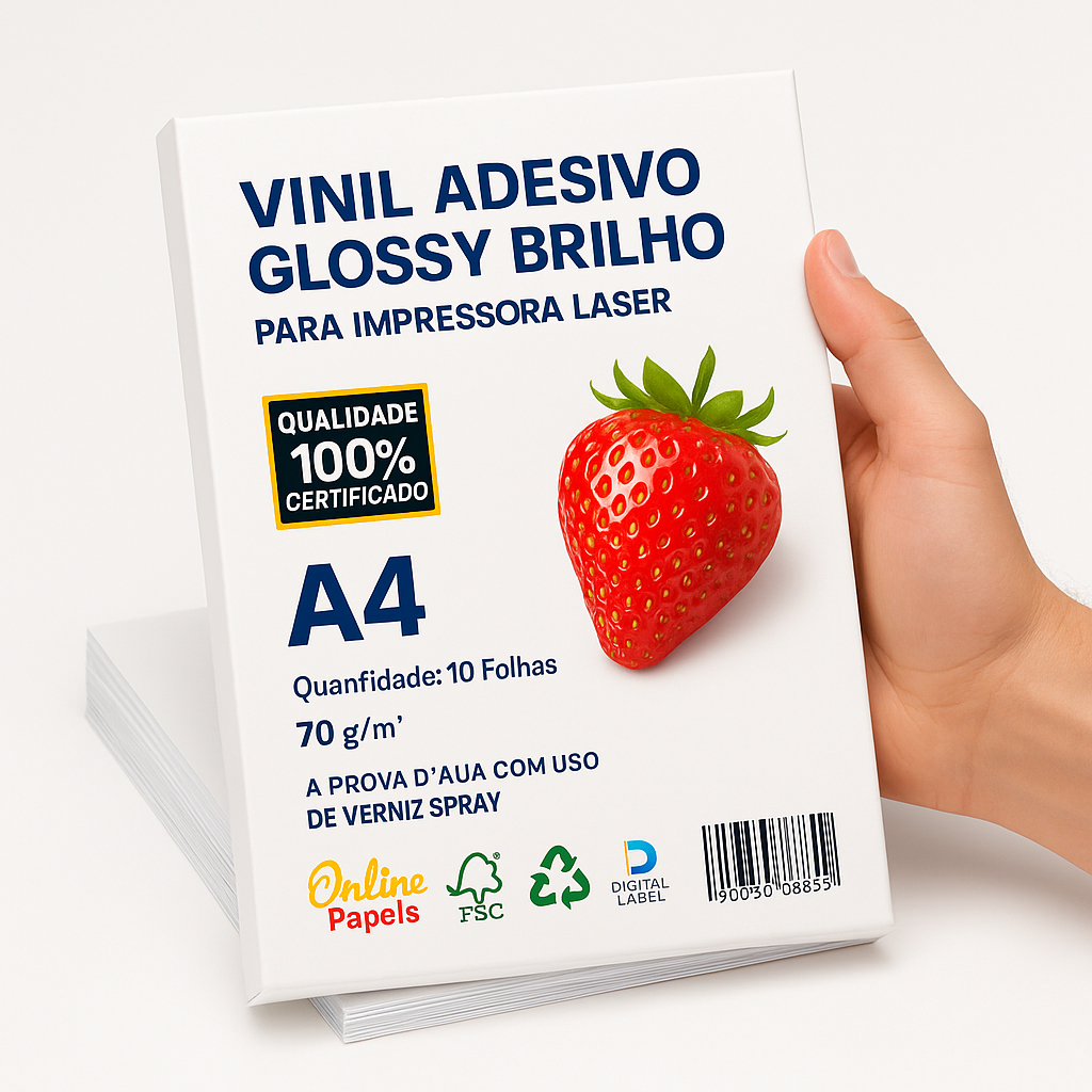 10 Folhas Vinil Adesivo Branco Glossy A4 p/ Impressora Laser