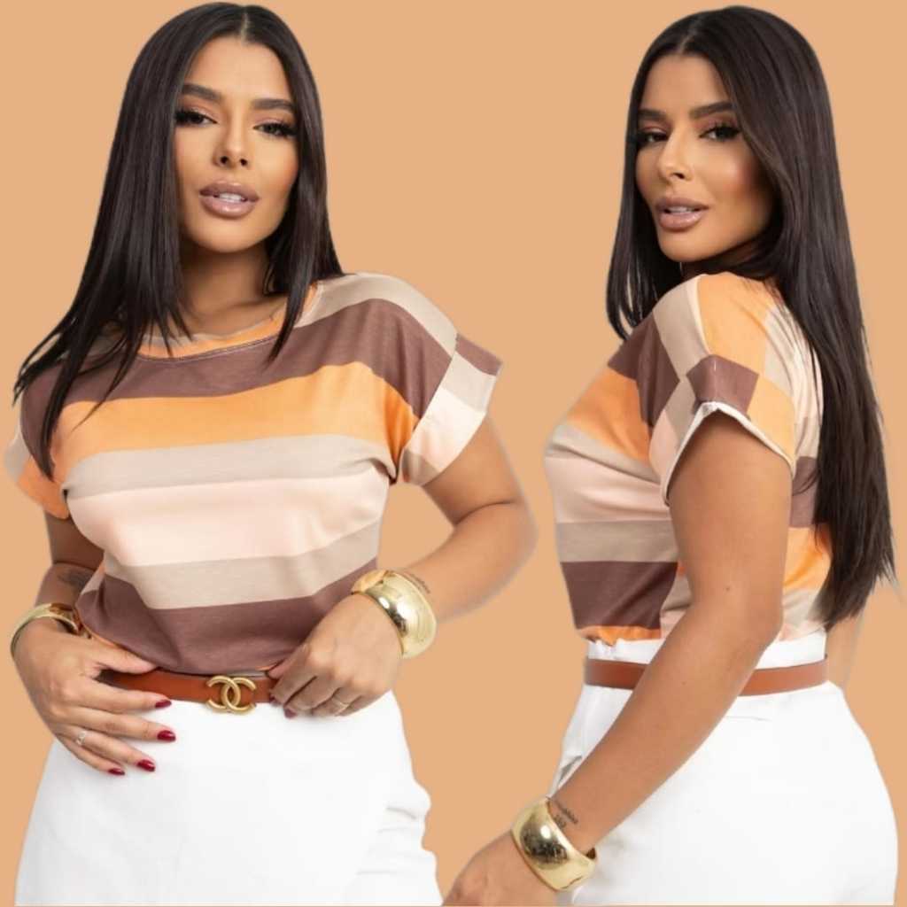 Blusa Camiseta T-shirts Básica Minimalista Listrada Tendencia 2025 Manga Dobrada Listra Larga Moderna Muscle Te Elegante