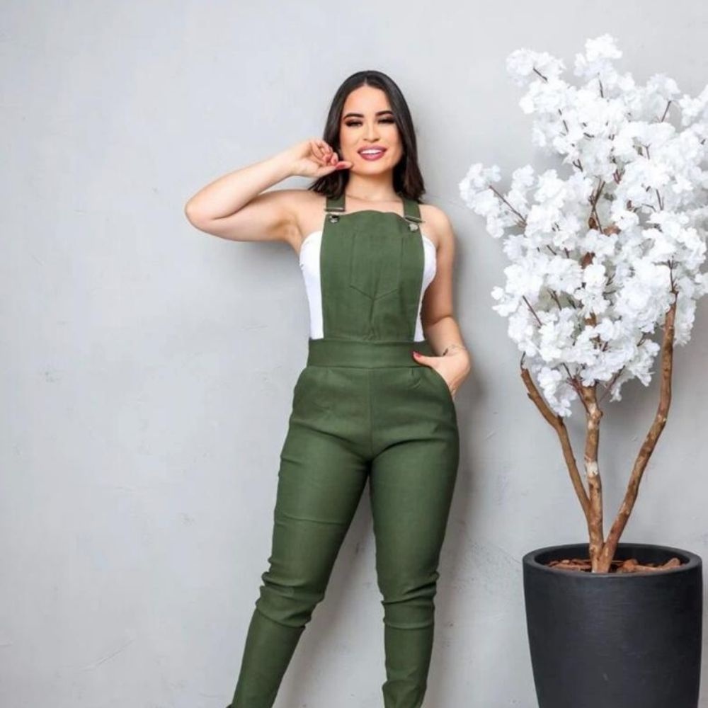 Jardineira Macacão Suspensorio Bengaline Longo Roupa Feminina Top