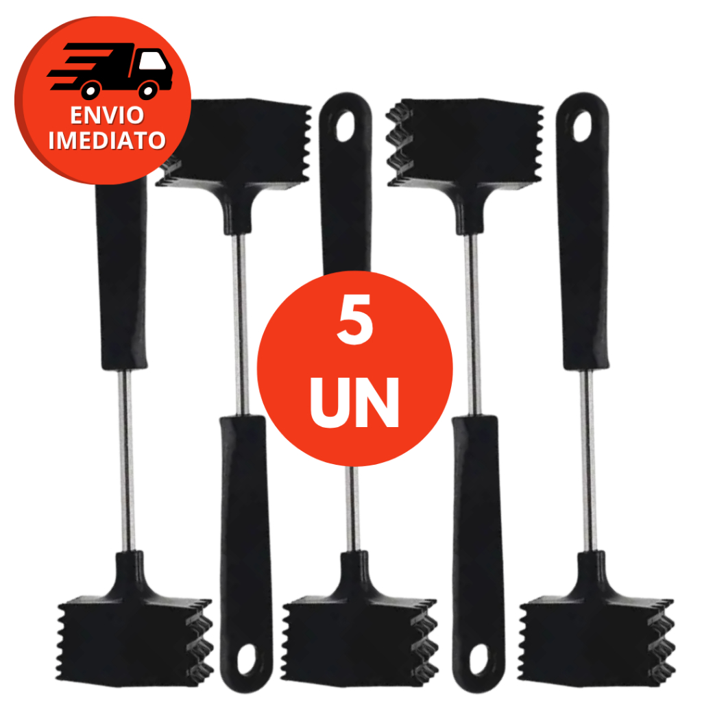 Martelo Amaciador Carne Batedor Aço Inox Cabo Plástico 25cm Cozinha Restaurante Kit C/02, 03 Ou 05Un