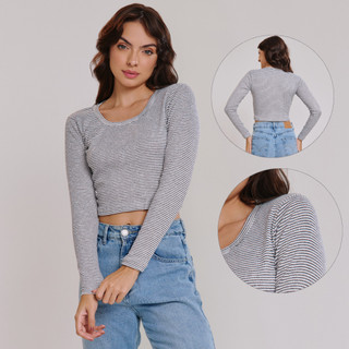 Cropped Feminino Listrado Canelado | Manga Longa com Decote Redondo | Conforto e Estilo