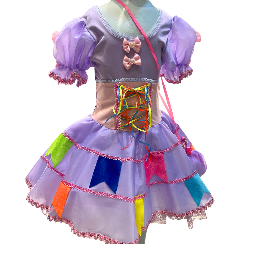 Vestido de Festa Junina Caipira Antônia Lilás Infantil Luxo com Bolsa