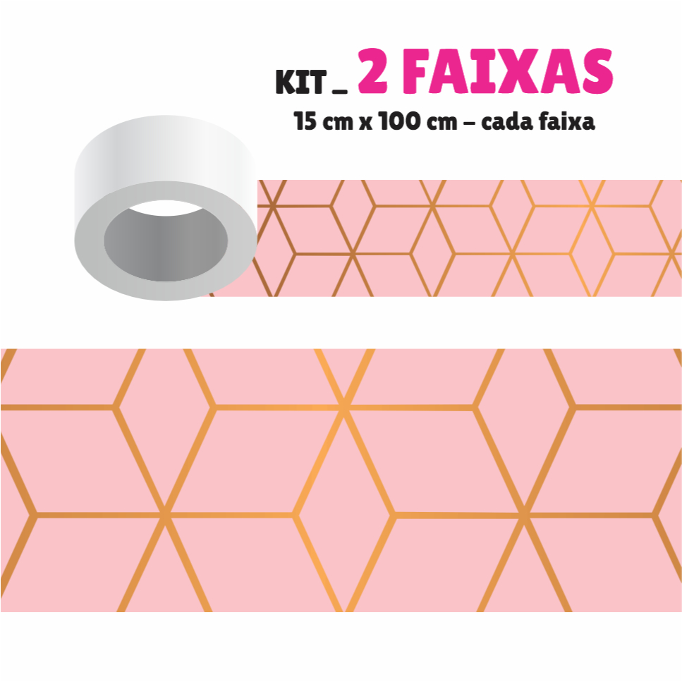 Faixa Decorativa - Kit com 2 Faixas Papel de Parede Border Faixa Adesiva Decoração - GEOMÉTRICA G0101 ROSA E DOURADO