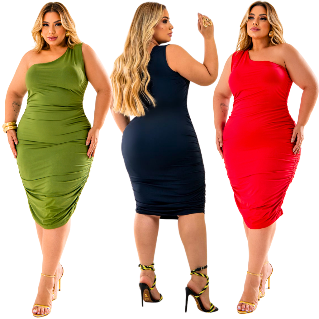 Vestido PLUS SIZE Modelo MID NULA MANGA Com Bojo DRAPEADO Na Lateral No Poliamida Confortavel  Lindo
