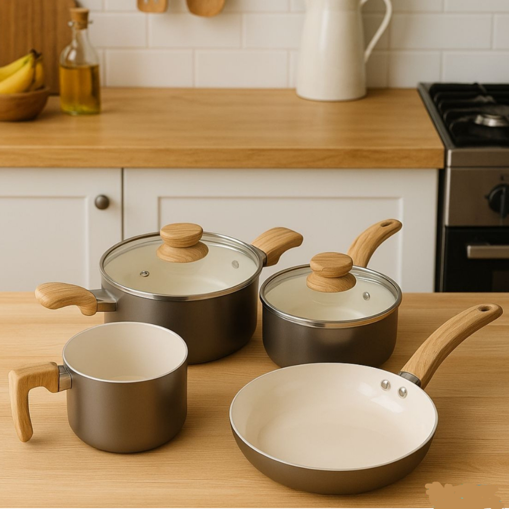 Conjunto 4 Panela Cerâmica Fundo Triplo Revestido Jogo de Panelas Revestimento Cerâmico Premium Gold