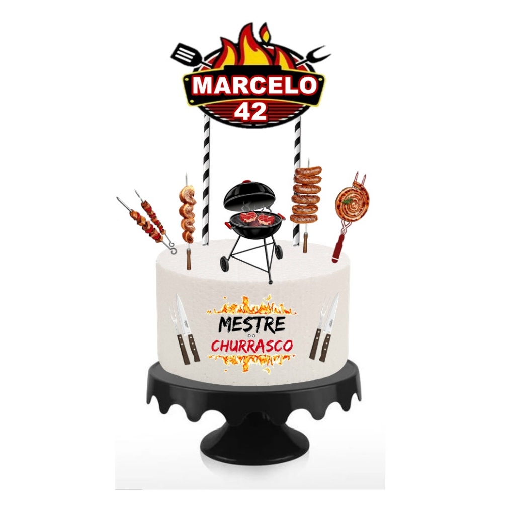 Topper de Bolo CHURRASCO personalizado com nome e idade