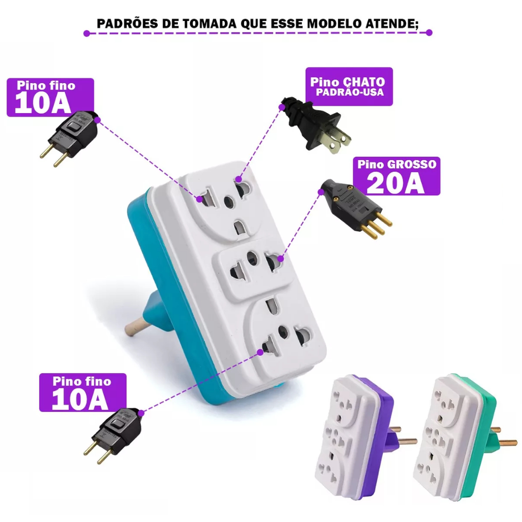 Kit 500 Adaptador de Tomada Benjamin T Triplo Colorido Universal 3 Entradas 10A 20A para Casa e Comércio